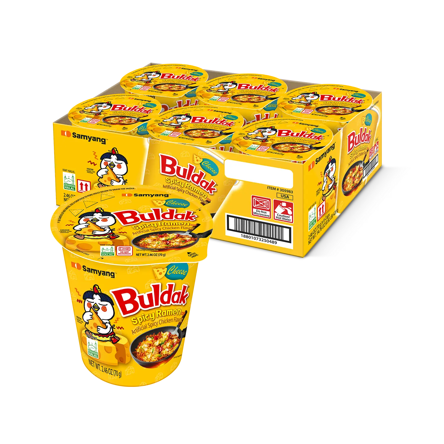 Buldak Pack of 6 Cheese Spicy Hot Chicken Stir-Fried Cup Noodles