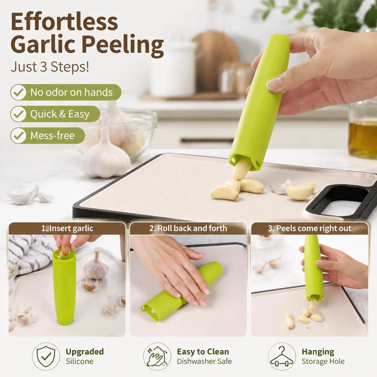 4 Counts, Silicone Garlic Peeler, Flexible Tool with Hanging Hole, Non-deformable and Easy to Clean for Home Kitchen Garlic Skin Removing