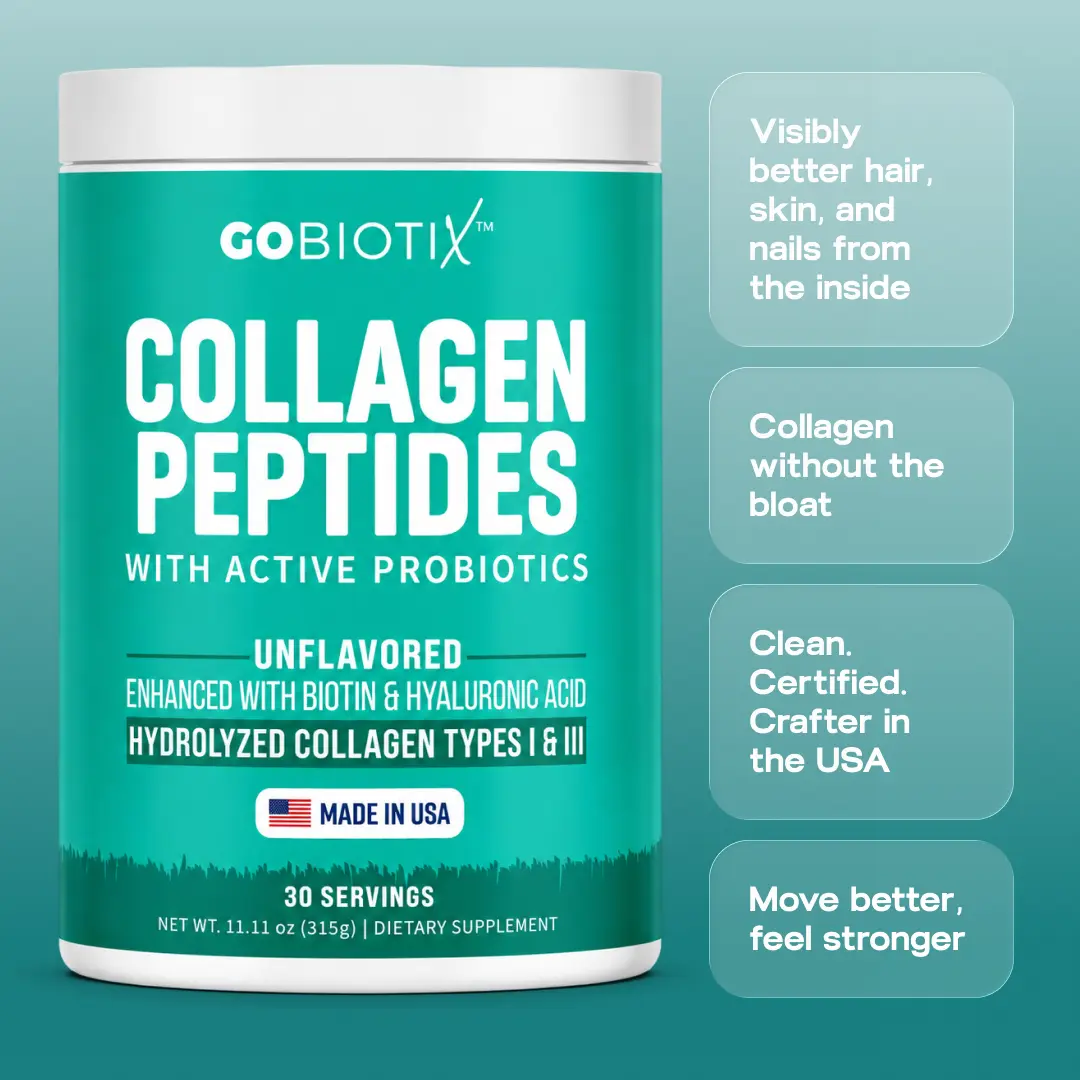 GoBiotix Collagen Powder + Probiotics with Hyaluronic Acid & Biotin - Hydrolyzed Protein Collagen Powder Types I, II & III - Supports Hair ,Skin & Nails - Gut & Joint Health  - 30 Servings