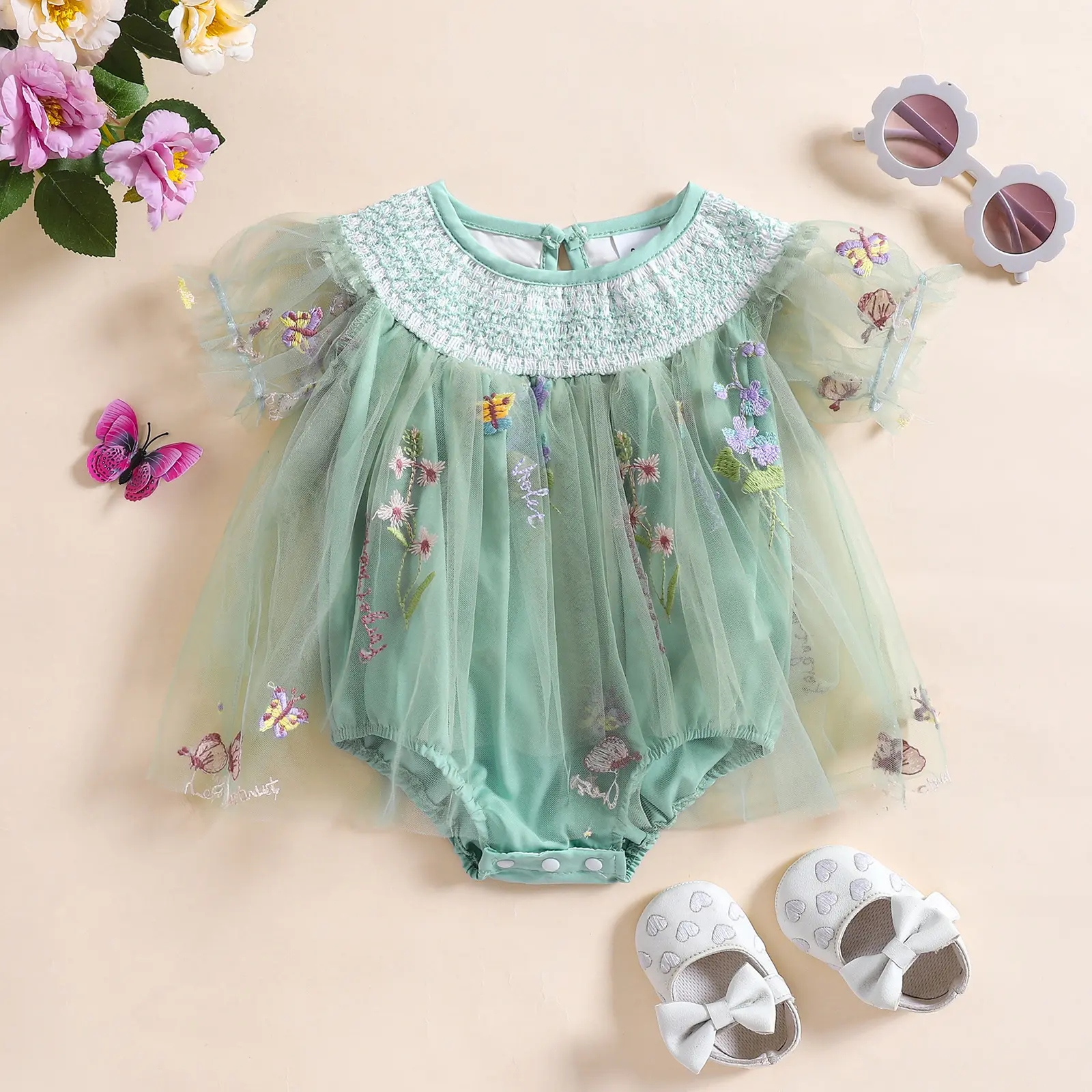 Baby Girls Tulle Tutu Dress Party Holiday Princess Dresses Infant Toddler Embroidery Flower Fairy Romper Dress