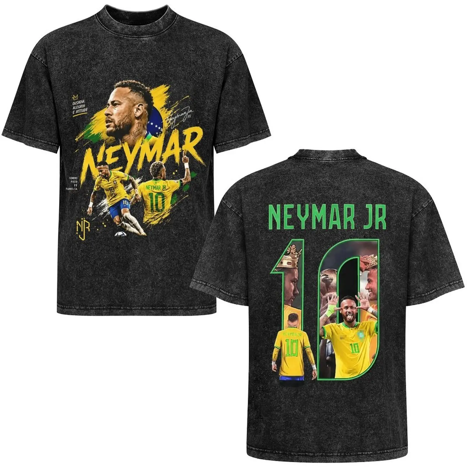 Neymar Jr Brazil Soccer Vintage Washed T-Shirt | Double-Sided No.10 Football Graphic Tee | Retro Streetwear Cotton Shirt for Men Women | World Football Fan Gift
