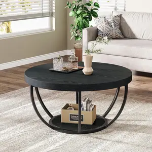 LITTLE TREE Black Round Coffee Table, 31.7" Modern 2-Tier Circle Coffee Table with Storage Shelves, Accent Cocktail Table Center Table for Living Room