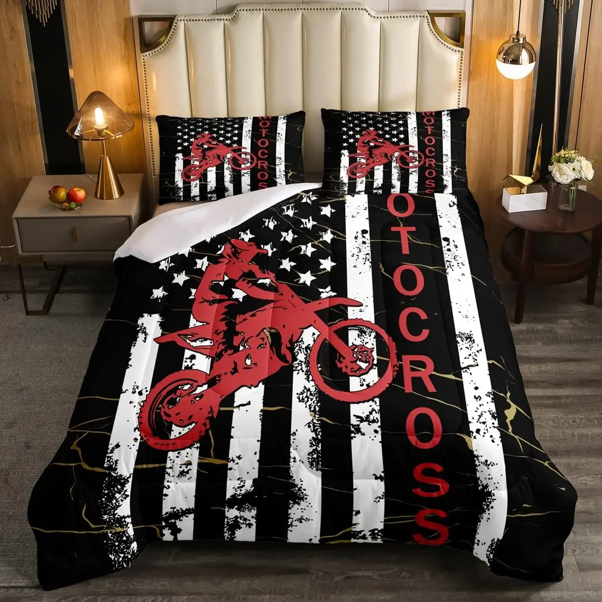 Feelyou Dirt Bike Microfiber Comforter Set - American Flag Decorative Bedding Set, Motocross Rider Extreme Sport Quilted Duvet with United States Stars Design, Microfiber Bedding Set