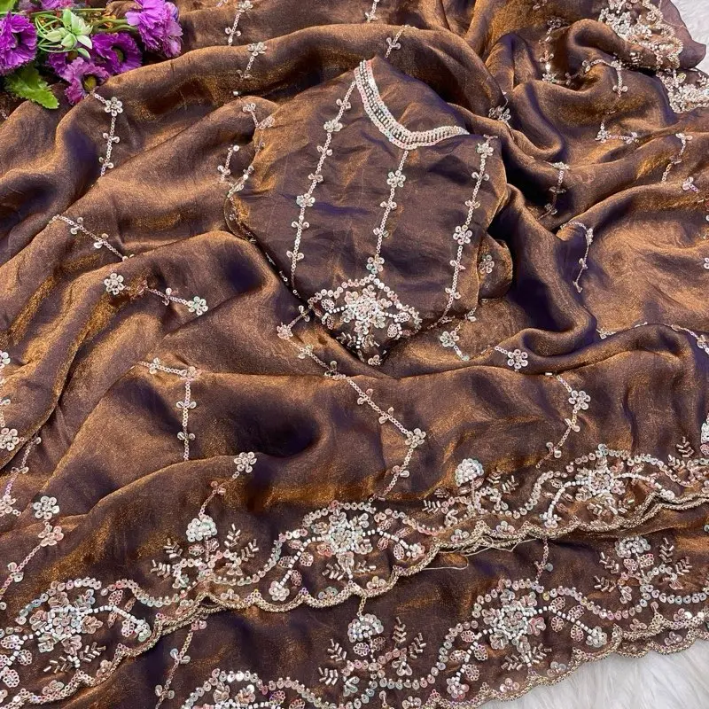 Part Wear Saree Brown Space Silk Saree with Handwork Embellished with Beads and Sequins for Festive Occasions