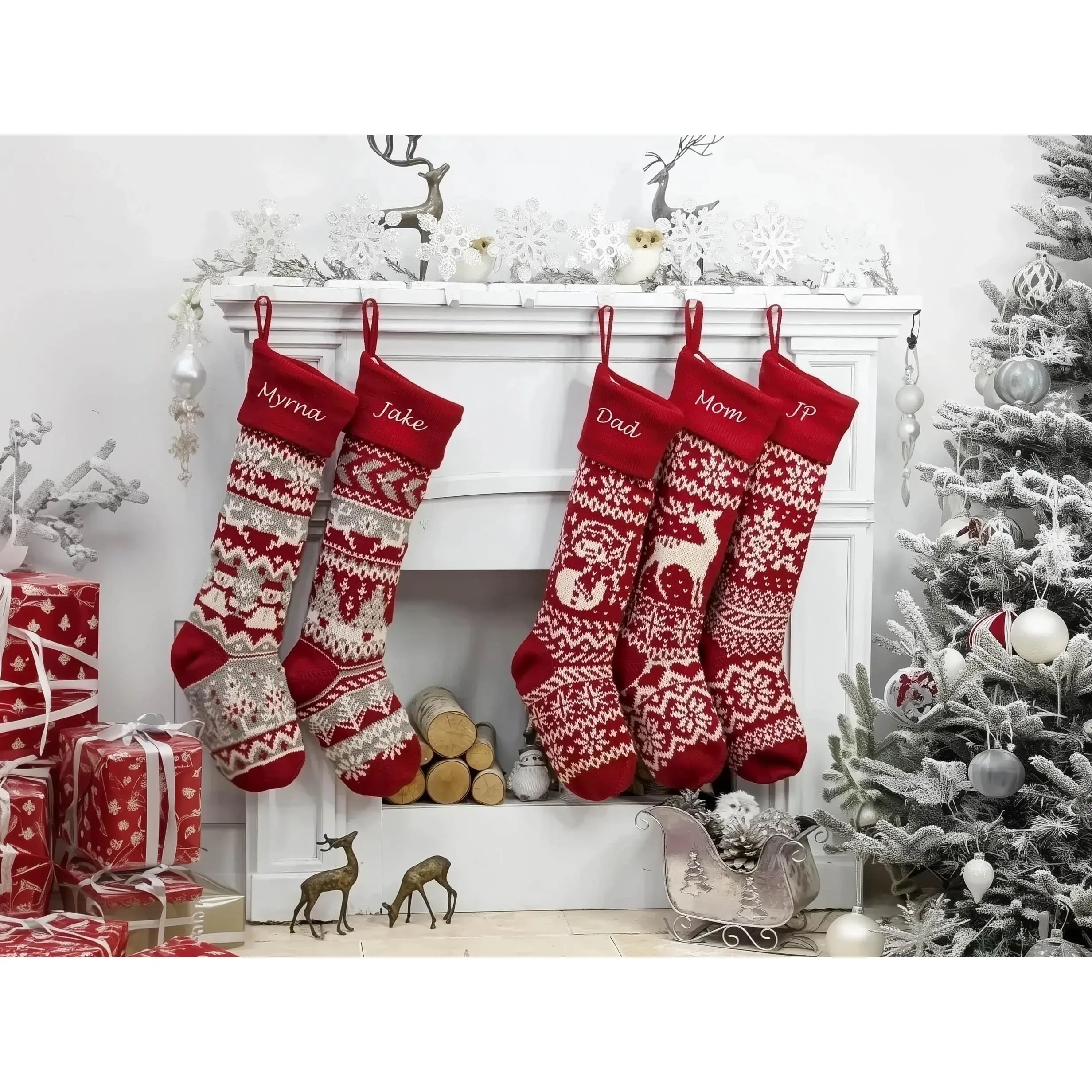 28" Personalized Knit Christmas Stockings | XL Fair Isle Reindeer & Snowflakes | Extra Large Long Oversize Knitted Red White Grey Custom