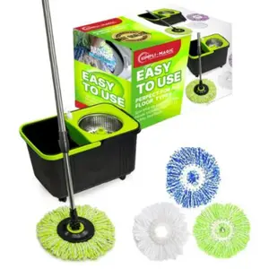 Spin Mop Cleaning Kit with 3 Multi-Color Spin Mop Head Refills, Black/Green