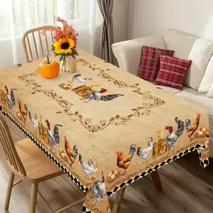 1 piece of vintage farmhouse round tablecloth, rooster, chicks, eggs print rectangular tablecloth, suitable for home kitchen, dining room, patio, picnic, yard, indoor and outdoor decoration, as a gift for family and friends