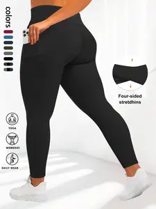 Plus Size Solid Basic High Waist Pocket Leggings, Casual Comfy High Stretch Tummy Control Skinny Fit Pants for Women, Women's Bottoms Womenswear for Fall & Winter