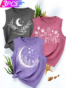 Women's 3Pcs Crew Neck Tank Tops, Moon Floral & Tropical Plant Series Print, Multiple Colors Available, Machine Washable, Spring & Summer Tops, Soft Skin-Friendly Fabric, Daily Versatile, Fashion Design