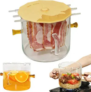 Glass Bacon Cooker, Microwave Bacon Tray with Cover for Oven, Heat-Resistant Borosilicate Glass Cooking Pot for Stove, Grease Easy Clean (Yellow)
