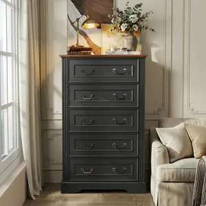 5 Drawer Dresser for Bedroom, 84lbs Heavy-Duty Chest of Drawers with Fluted Wave Design, Curved Tall Dresser with Anti-Tip Strap & Silent Slides, Extra Large Storage Dresser , Black