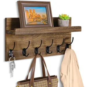 Shelf with Hooks, Coat Rack Wall Mount with 6 Double Metal Hooks, 17 Inch Farmhouse Wall Hooks with Shelf, for Entryway, Bathroom, Kitchen, Rustic Brown