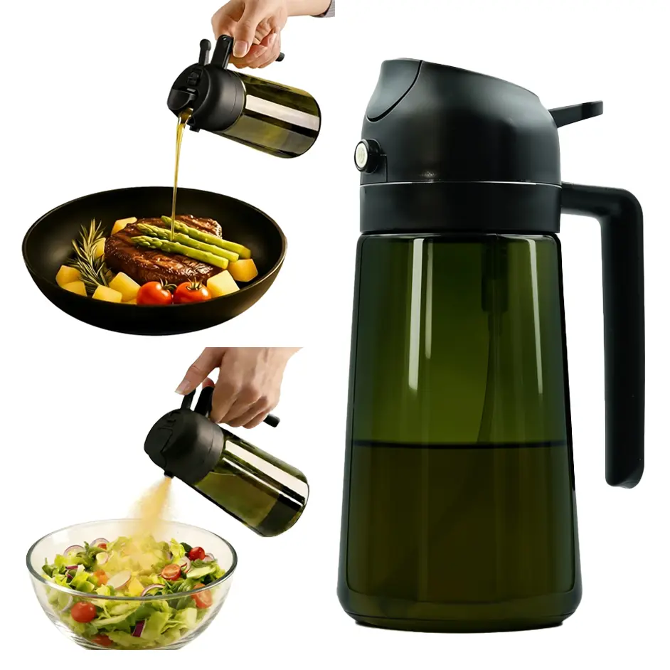 16oz Lightweight Glass Oil Dispenser Bottle - 2-in-1 Spray-Pour Function, Easy Grip Labels, Deep Green Modern Kitchen Gadget for Salad, Olive Oil Cooking Needs
