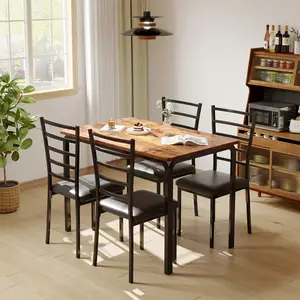 Modern 5-Piece Dining Table Set for 4, Rectangular Tabletop with 4 Upholstered PU Chairs, Space-Saving Furniture with Metal Steel Frame for Kitchen Dining Room Apartment Living Room Study