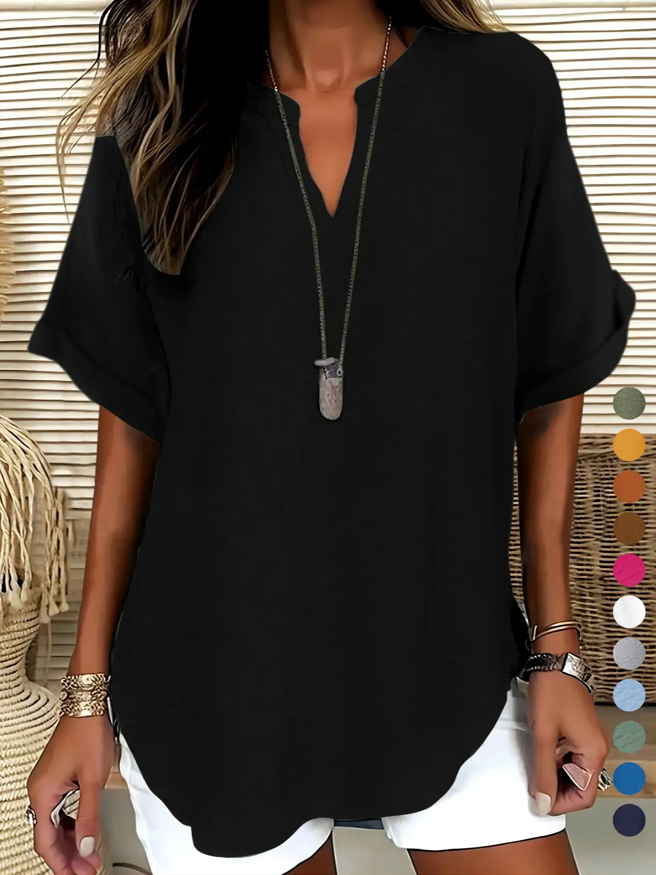 Elegant Polyester V Neck Loose Fit Short Sleeve Blouse Shirt for Women, 100% Polyester, Regular Length, 145g/m², Casual Everyday Weekend Top Womenswear