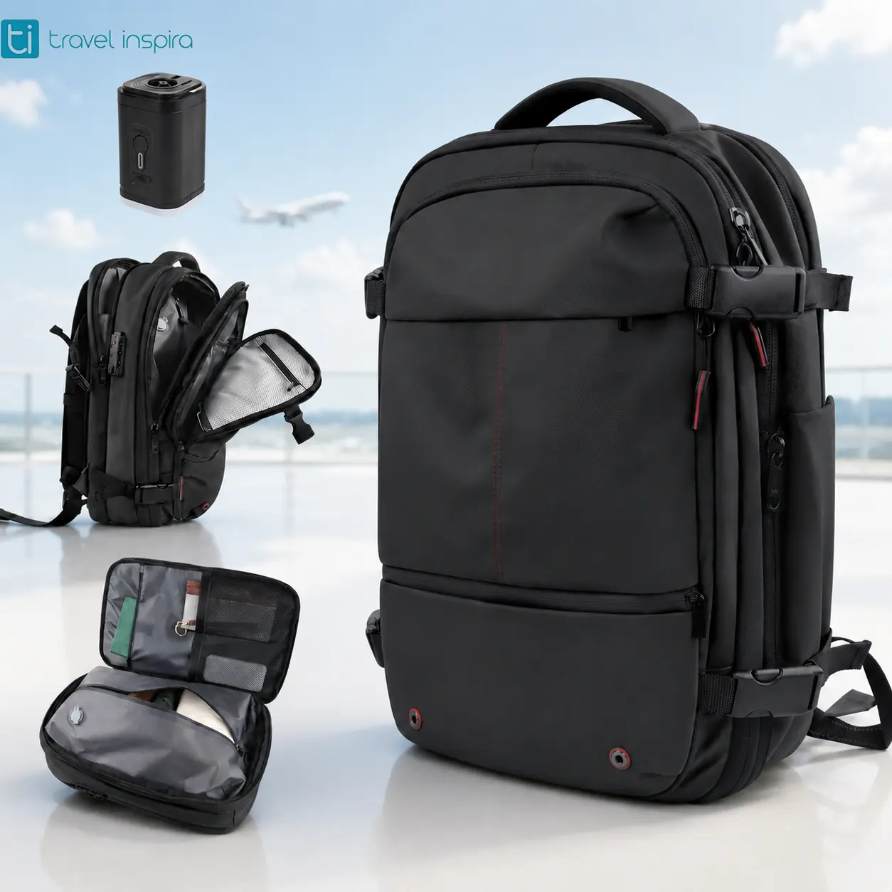Travel Inspira 55L Expandable Vacuum Compression Backpack with Electric Pump, Carry-On Travel Backpack for Summer Travel, Mid-Year Deal Personal Item Bag for Men Women, summerwins