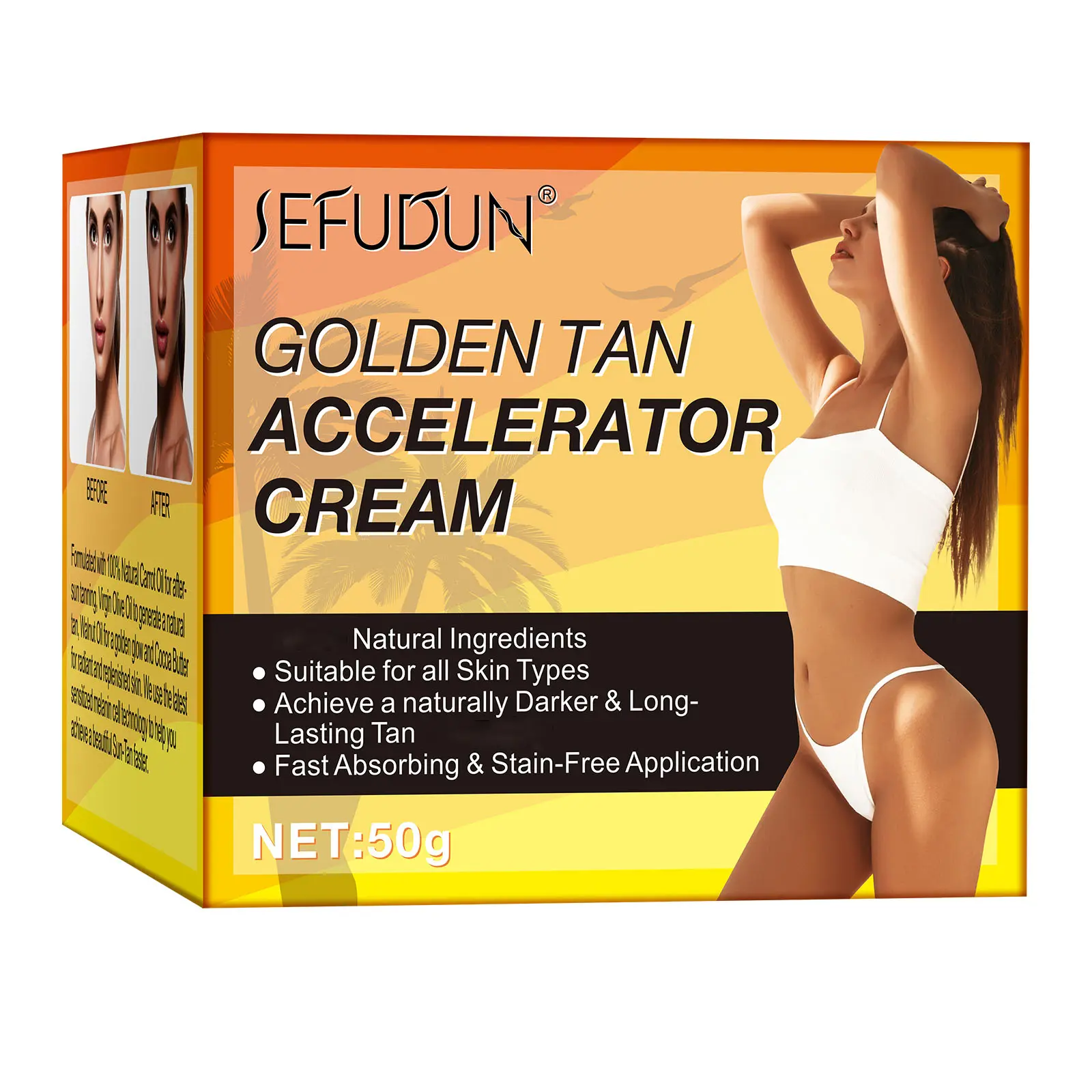 Sefudun 50g Golden Tanning Cream-Gel, All-Skin Friendly Adult Body Moisturizer for All Skin Types, Fast Tan Boost with Natural Oils, Quick Absorption Even Application, Outdoor Sun Accelerator (No Harmful Additives)