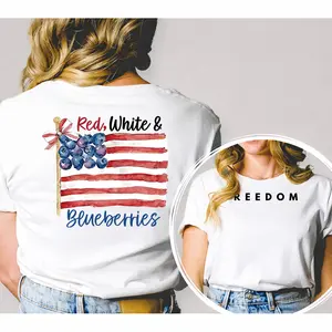 Red White & Blueberries Double Sided Tee, Patriotic 4th of July Casual Short Sleeve Top