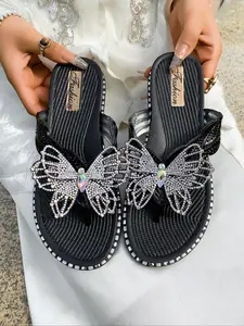 Women's Fashionable Butterfly Decorated Slides, Casual Comfortable Flat Sandals for Summer, Non-slip Beach Shoes for Women & Girls, Footwear