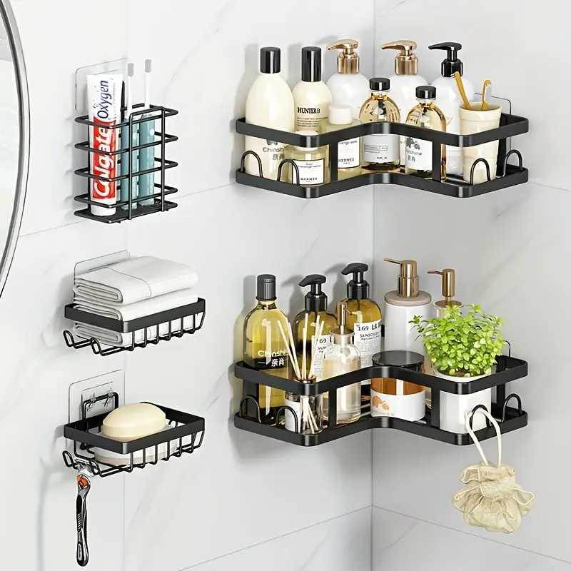 8pcs Corner Adhesive Shower Basket Set 2/3 Shower Rack Rust Proof Bathroom Organizer Corner Adhesive Shower Caddy Black Surface Treatment