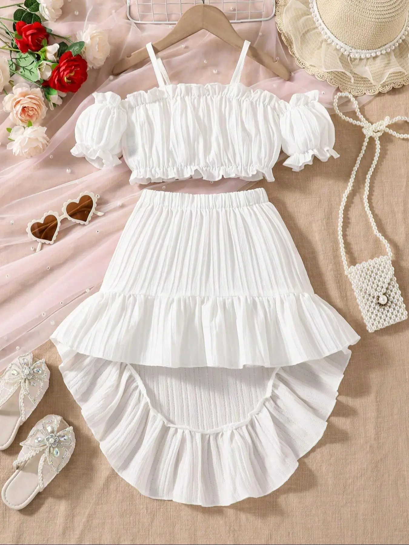 Toddler Girl's Cold Shoulder Puff Sleeve Crop Blouse & High Low Skirt Set, Solid Frill Trim Short Sleeve Top & Ruffle Hem Elastic Waist Skirt for Part