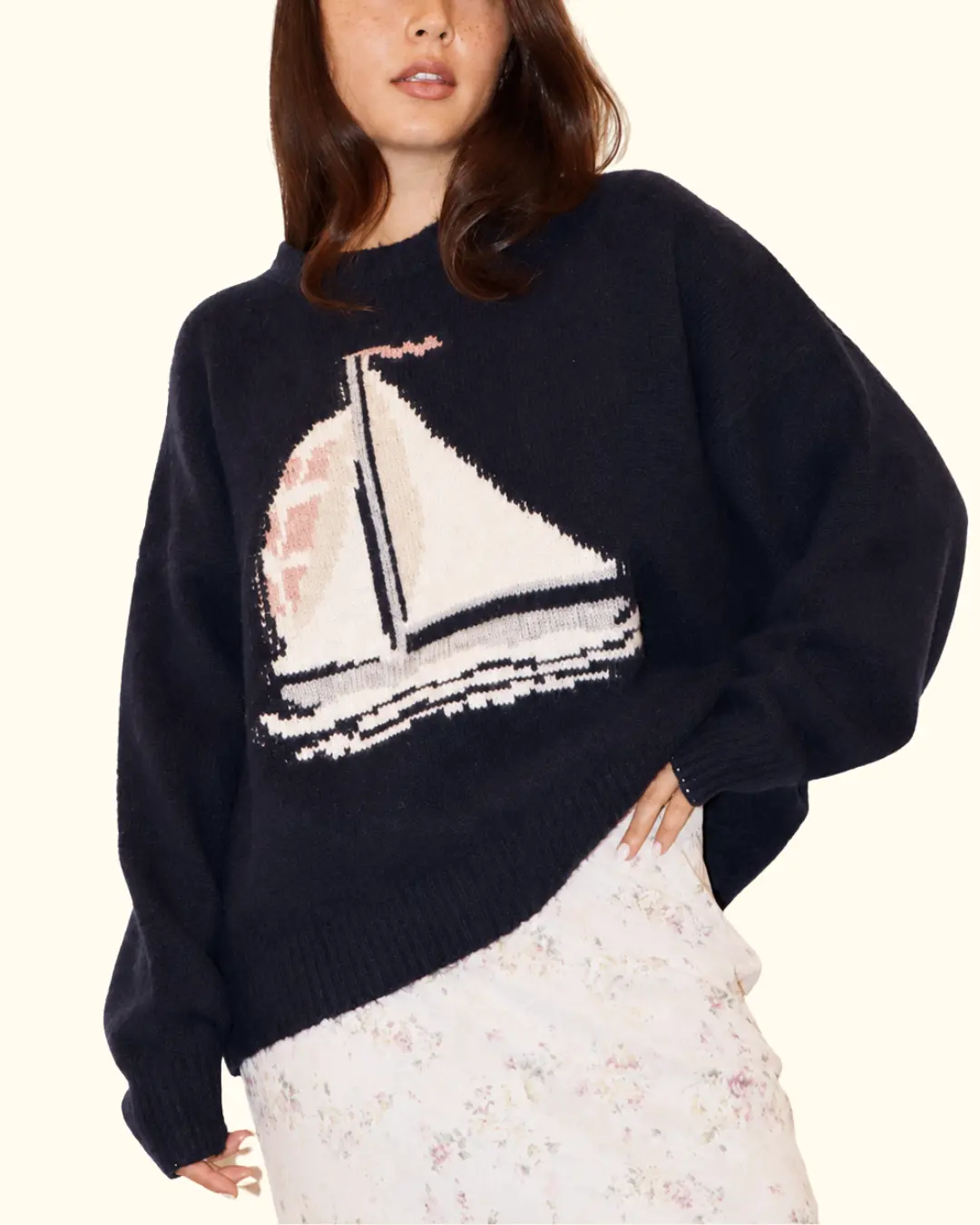 Sailboat Fuzzy Knit Sweater Navy