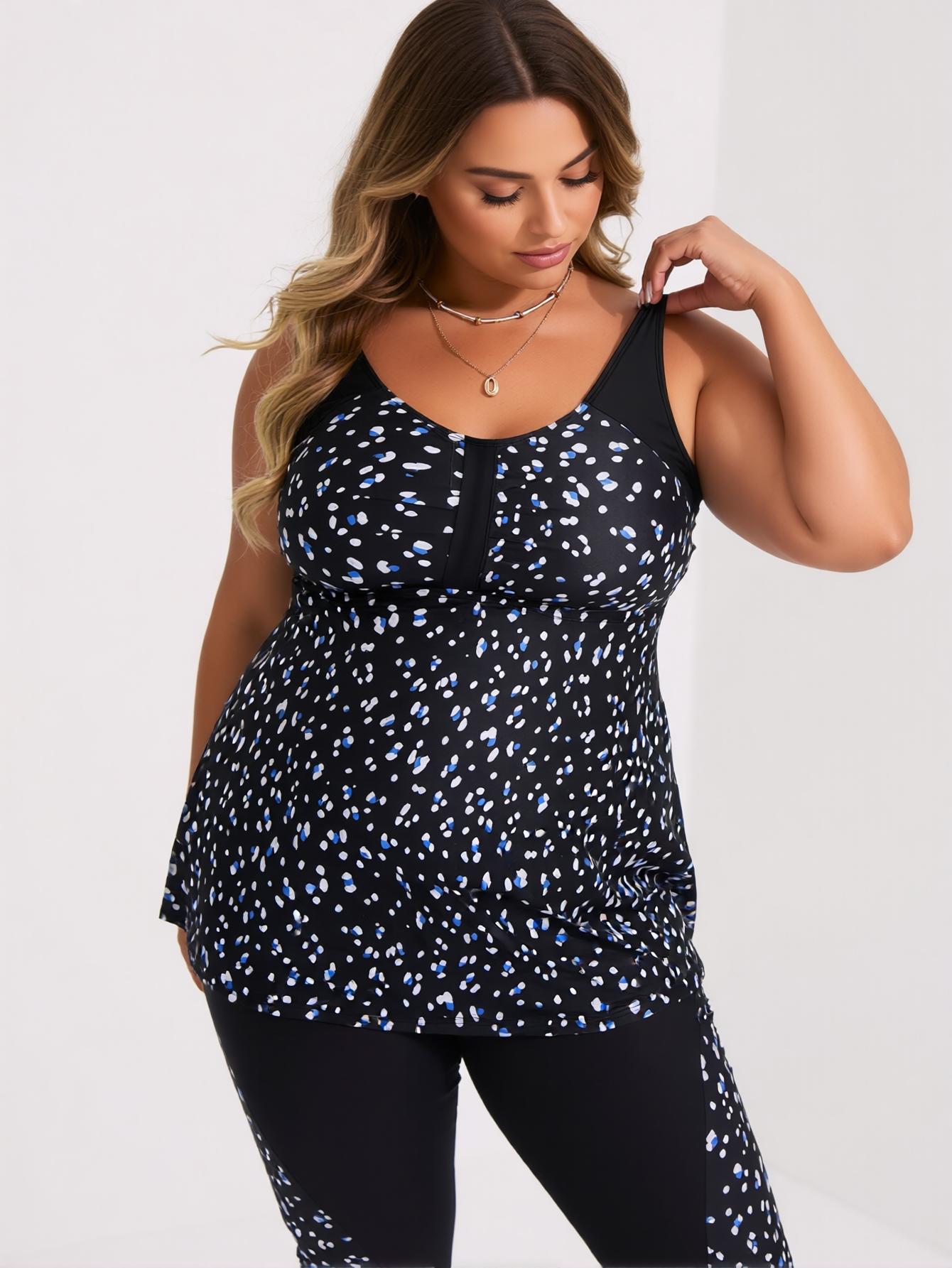 2026 Plus Size High Waist Knee Length Two Piece Tankini Swimsuit Set for Women, New Fashion Scoop Neck Ruched Front Dalmatian Print,High Stretch Tummy Control Modest Beach Vacation Swimwear