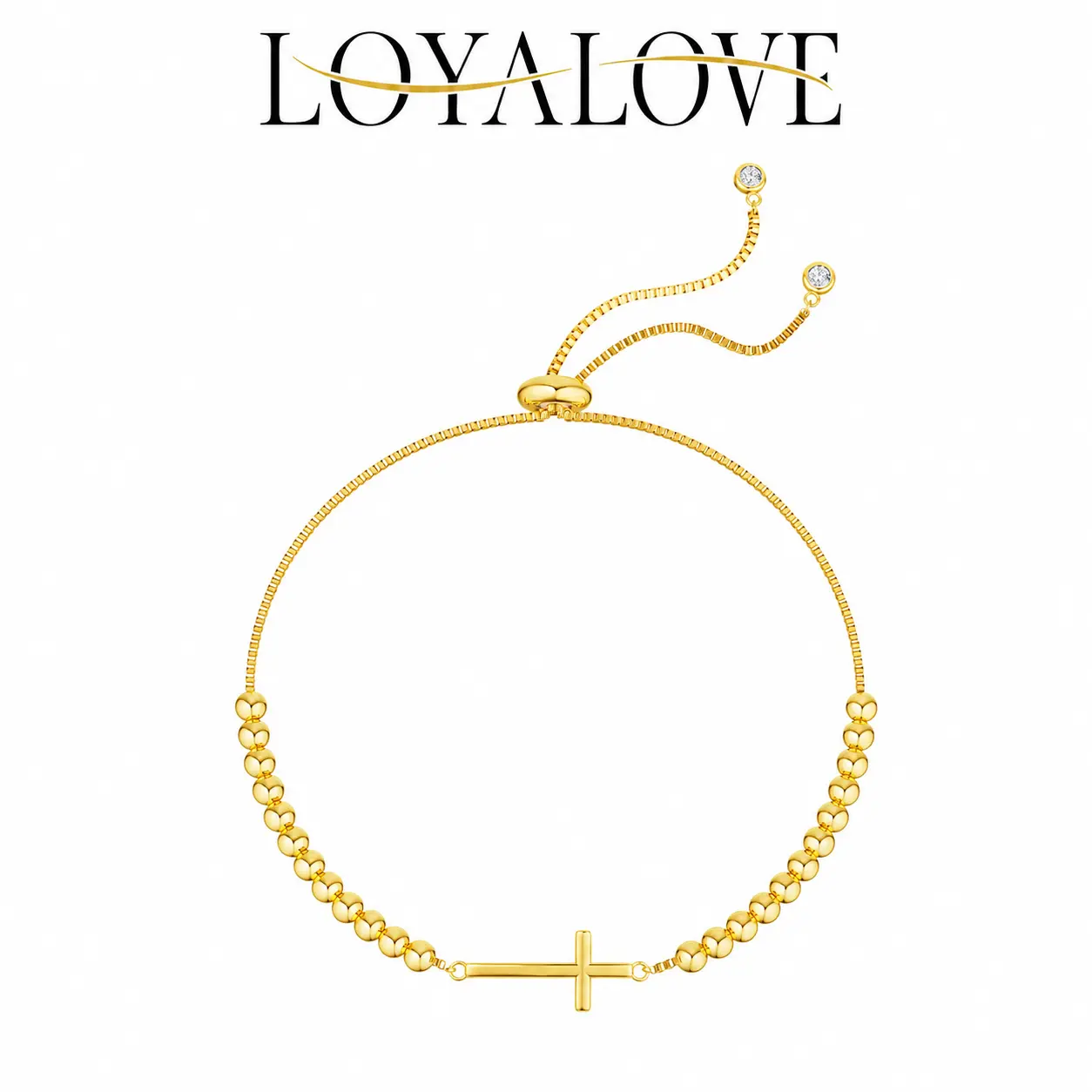 LOYALOVE 14K Gold Plated Cross Bracelet for Women, Minimalist Faith Jewelry, Adjustable Beaded Chain Bracelet, Dainty Religious Gift for Her