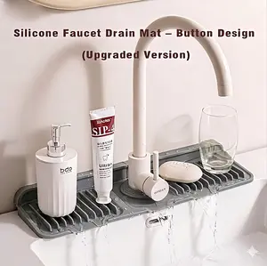 New Sloped Self-Draining Silicone Faucet Mat – Kitchen Sink Splash Guard & Bathroom Countertop Organizer Tray for Soap and Sponge