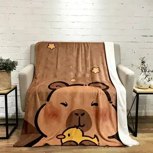 Cute Kawaii Capybara with Little Yellow Duck & Star Print Brown Flannel Throw Blanket, Cartoon Capybara Animal Bed Blanket for Sofa Bedroom Decor, All Season Soft Cozy Nap Gift Blanket for Capybara Lovers
