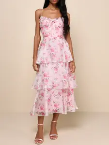 Lulus Immaculate Cutie Light Pink Floral Sleeveless Tiered Midi Dress outfits Mesh Tropical Leopard Tube