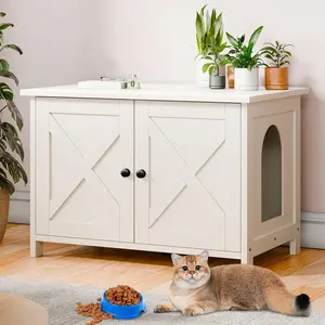 Walsunny Cat Litter Box Furniture with Removable Divider, Hidden Enclosure and End Table - White, Brown, Gray Wood