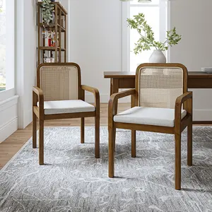 HULALA HOME Kevin Mid Century Modern Rattan Dining Chairs Set of 2 Upholstered Linen Seat Removable Cushions Solid Rubber Wood Frame Armrests Durable Stylish Seating for Kitchen Dining Room Breakfast Nook