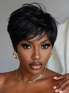 short straight layered pixie cut black color pixie cut human hair wig machine made pixie wig Party holidays gift wig for women