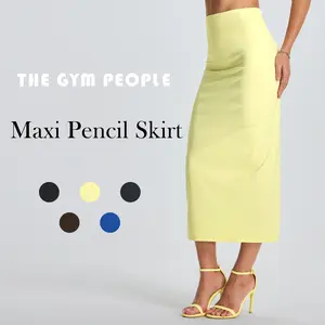THE GYM PEOPLE Women's Long Pencil Skirt High Waist Stretchy Business Work Bodycon Maxi Skirts with Back Slit Black Fitted