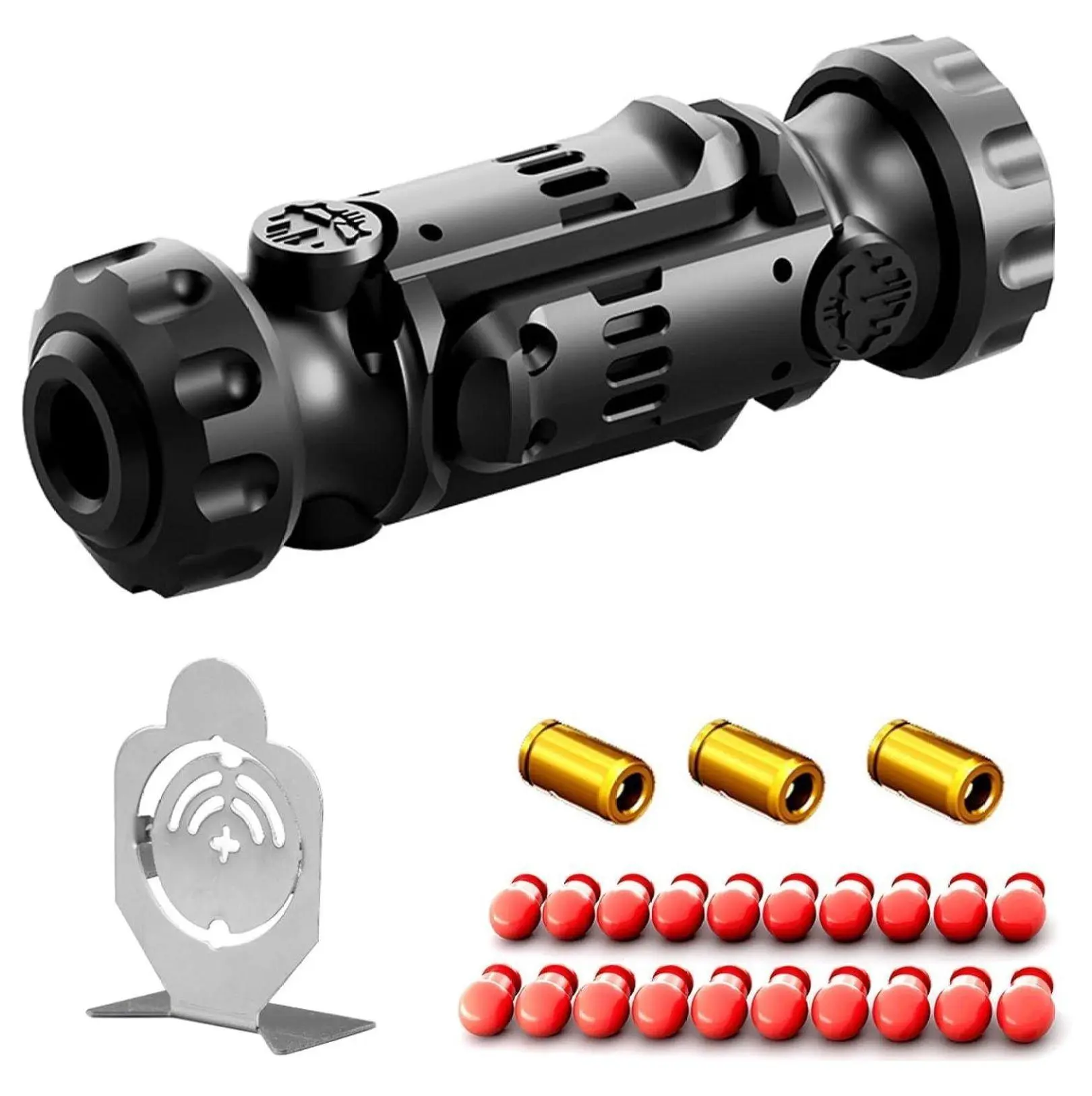 Black Metal Fidget Gun - EDC Stress Relief Steel Spinner, Focus Aid, Cylinder Grip, Silent Spin, Portable, Durable, Includes 20 Targets, for School, Adults