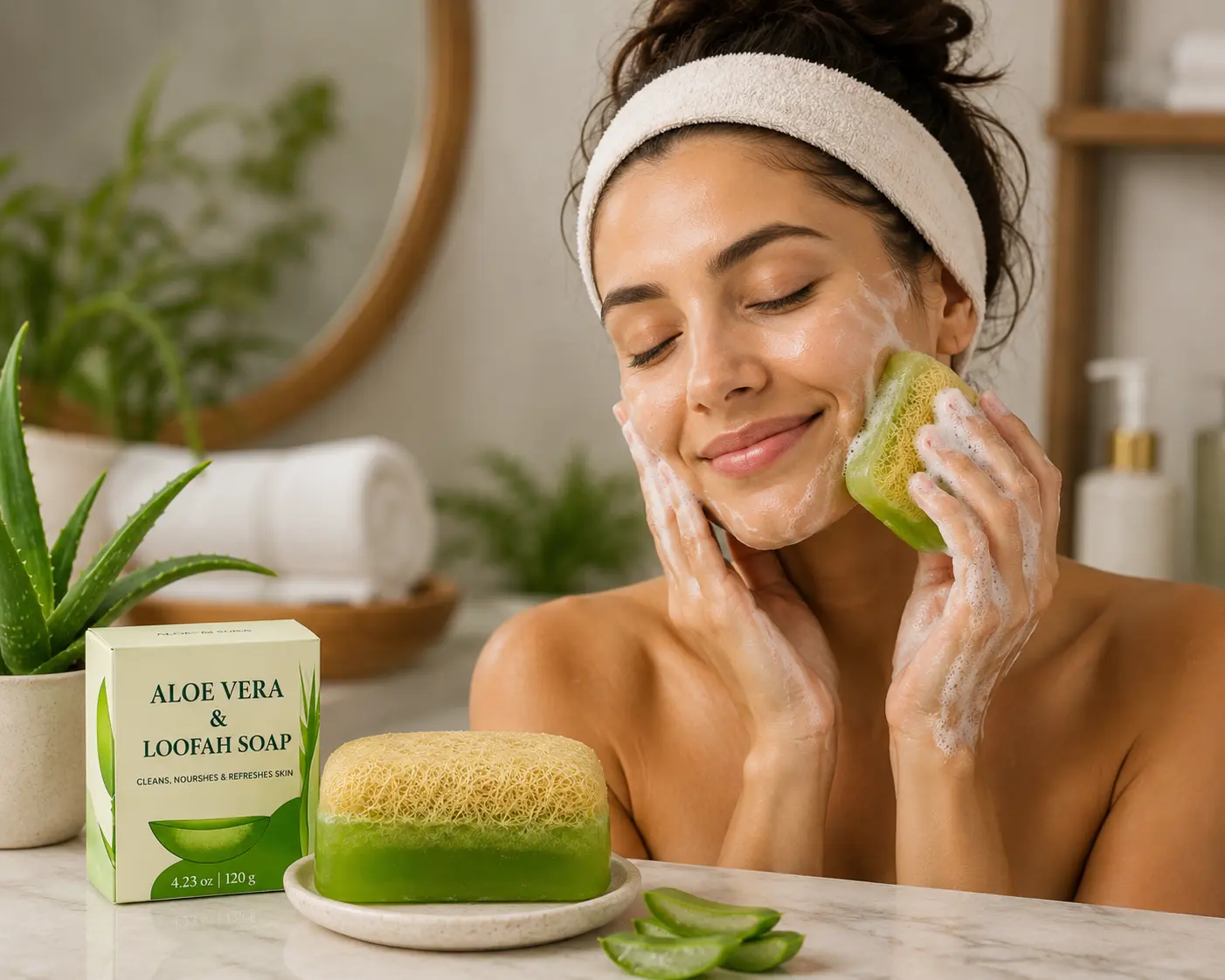 AloeVera & Loofah Bar - Natural Cleansing Soap with Aloe Vera & Loofah for Gentle Exfoliation & Skin Repair Ideal for Oily Skin & Acne Treatment