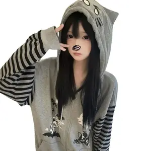Y2K?Kawaii?Cat?Ears?Hoodie Japanese?Cute?Striped?Long?Sleeve?Sweatshirt?Harajuku?Subculture?Gray?Sporty?Top