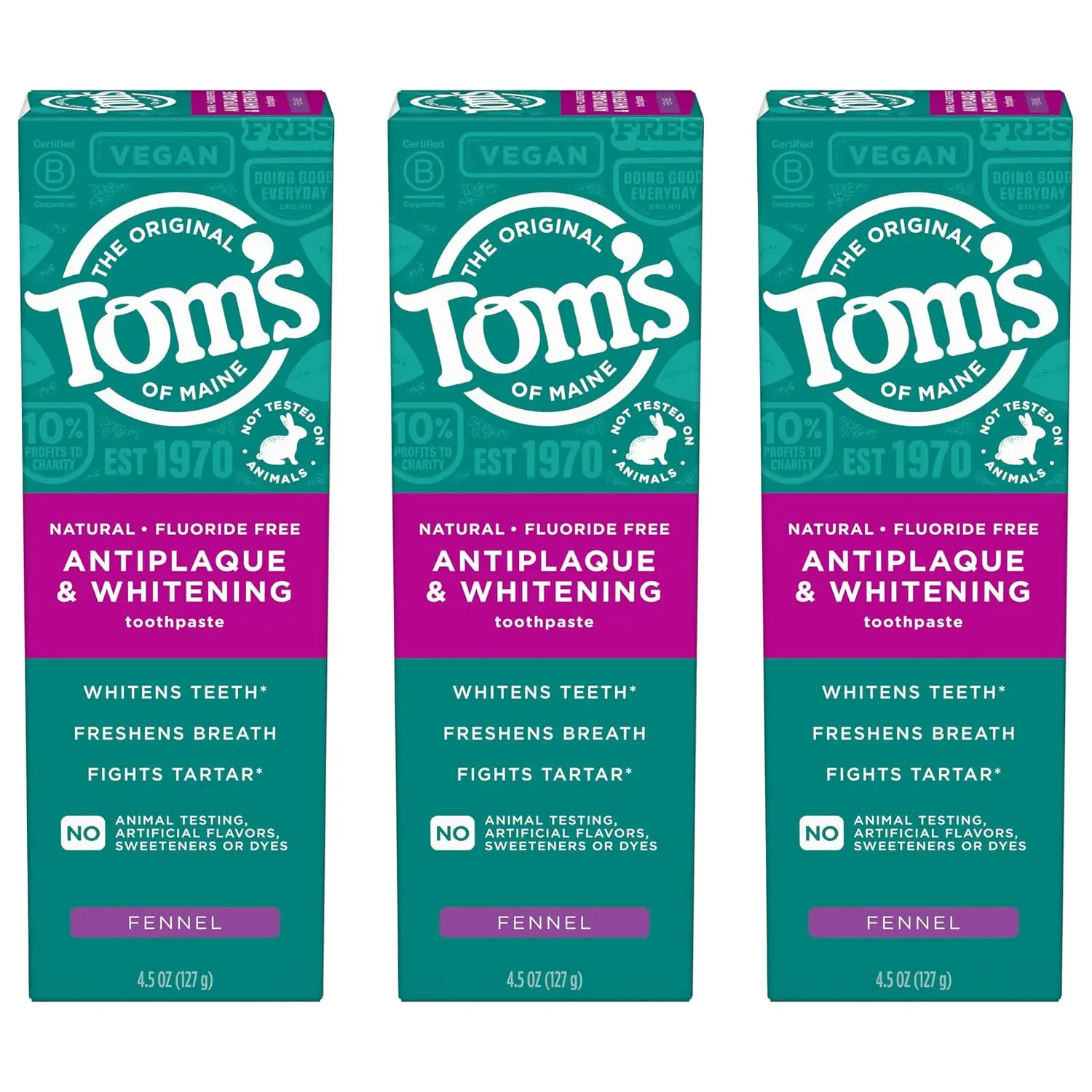 Tom's of Maine Antiplaque and Whitening Toothpaste, Fennel, 3 Pack, 4.5 oz | Fluoride Free, Whitens Teeth, Freshens Breath, Fights Tartar, Natural, No Artificial Dyes, Flavors, or Sweeteners