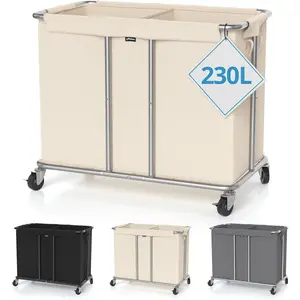 SUNDAY MIRTH 230L Rolling Laundry Hamper, 2-Section Laundry Basket with Wheels, 61 Gallons Laundry Sorter with Metal Structure and Removable Liner, Clothes Hamper for Laundry Room, Bathroom, Bedroom, Beige