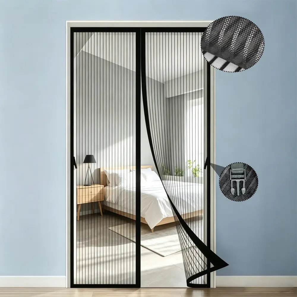 AIYYIPA Black Stripe Magnetic Screen Door with Storage Belts, Heavy‑Duty Fiberglass Mesh Hands‑Free Screen Curtain, Auto‑Close Magnetic Seal, Pet Friendly, Keep Insects Out for Patio & Household Doors