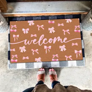 Welcome Pink Bow Doormat, Watercolor Pinky Bow Welcome Doormat, Watercolor Bow Lover Gift, Front Door Mat,Pink Bow Ribbon Minimalist Doormat