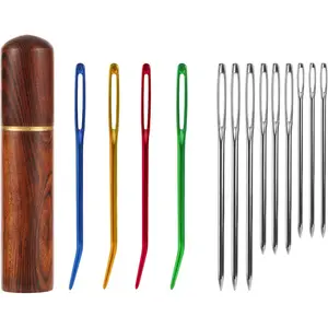 13pcs Large Eye Sewing Needles Kit, Stainless Steel Large-Eye Blunt & Bent Tapestry Sharp Hand Knitting Needles with Wooden Needle Case for Crochet Darning Yarn Embroidery Projects