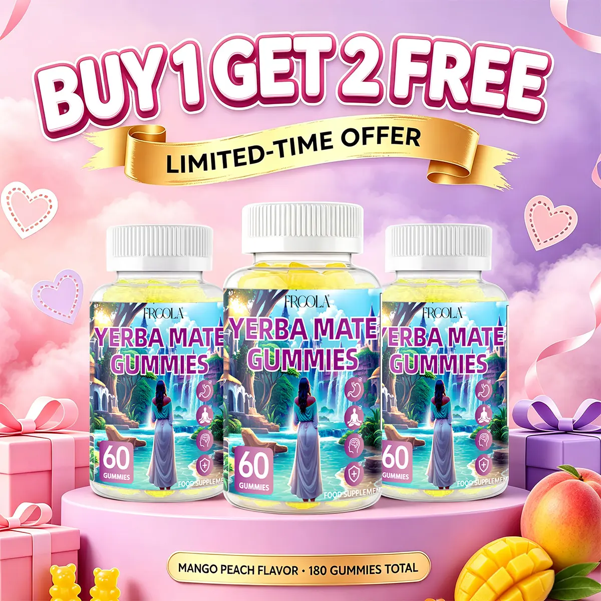 （3-Pack）Frcola Mate tea gummies: improve focus, boost immunity, improve gut health, and contain ashwagandha.