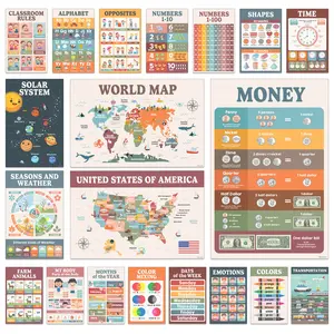 Decorably 20 Boho Learning Posters for Kids Ages 3-5, 11x17in Educational Matte-Laminated for Classrooms, Homeschool, School Hallways, Bulletin Boards