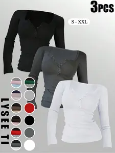3pcs Autumn And Winter Women'S Casual Fashion Sporty Tee Set, With Multi Button Design, Solid Color Round Neck Long Sleeved Top, Athleisure Wear Set, Athletic Fashion Activewear