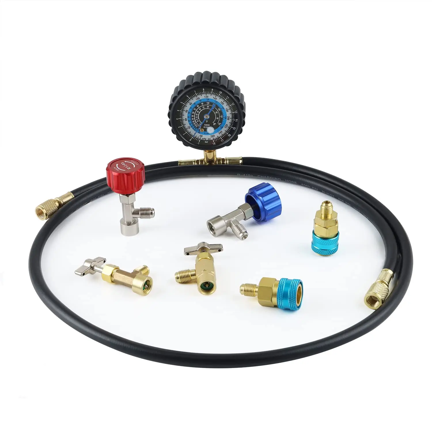 R1234yf Refrigerant Recharge Kit, AC R134a 1234yf Gauge Set Include Adapters and Can Taps, B201