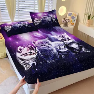 Galaxy Kitten Fitted Sheet Set and 2 Coreless Pillowcases, Purple Starry Sky & Cute Cat Pattern, Soft Anti-Slip Wrinkle-Resistant Mattress Protector, Cat Lovers Healing Style Bedroom Decor Gift Choice