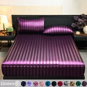 2/3PCS Luxury Silky Striped Satin Fitted Sheet Set, Fitted Sheet + Pillowcases, Soft Breathable Cooling Bedding, Dustproof Mattress Protector, Machine Washable, Breathable Sheets, Multiple Sizes