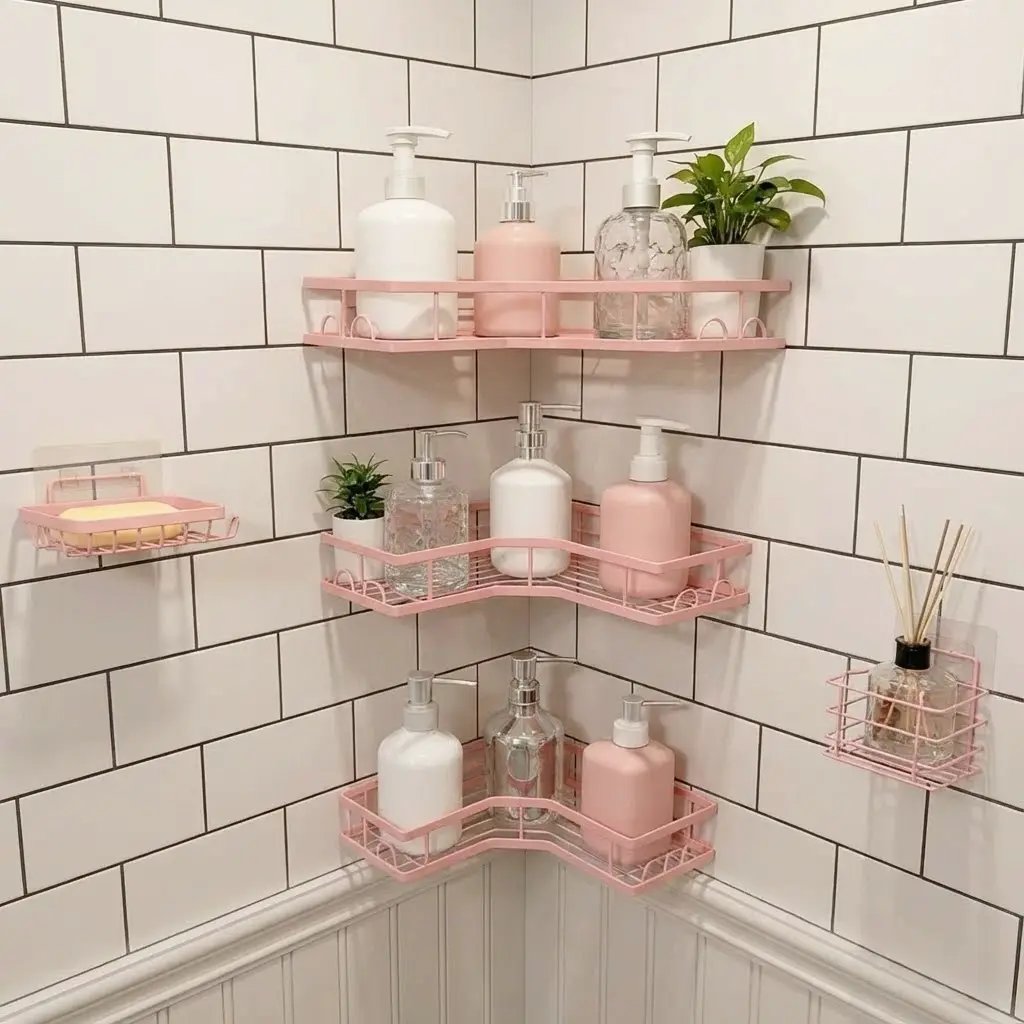 5-Piece Minimalist Modern Pink Rust-Resistant Metal Shower Organizer Set - No-Drill Adhesive Hollow Waterproof Eco-Friendly Bathroom Organizer Supplies, Corner Wall Shelf with Soap Holder for New Home Essentials, Smooth, Graduation Gifts campingessentials
